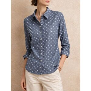 NWT Talbots Chambray Blue White Polka Dot Button Front Shirt Cotton Preppy 14